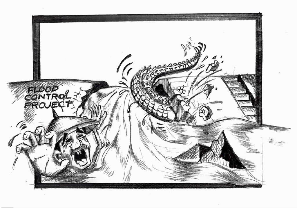 Editorial artwork: broken flood control project